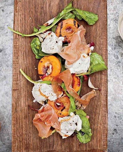 Grilled Apricots with Burrata, Country Ham, and Arugula