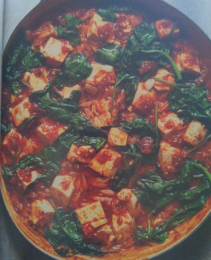 Piri piri tofu over crispy crispy orzo