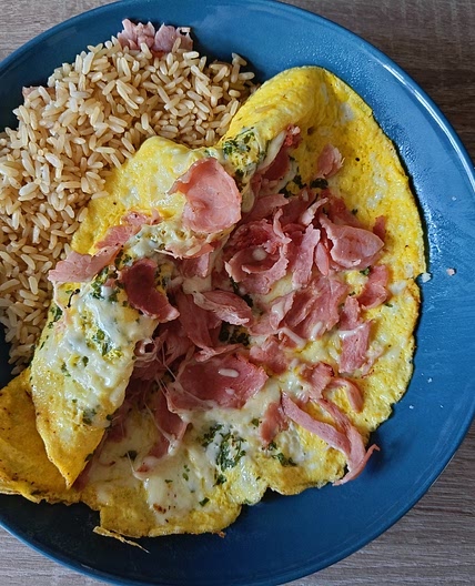 Omelette, jambon, riz