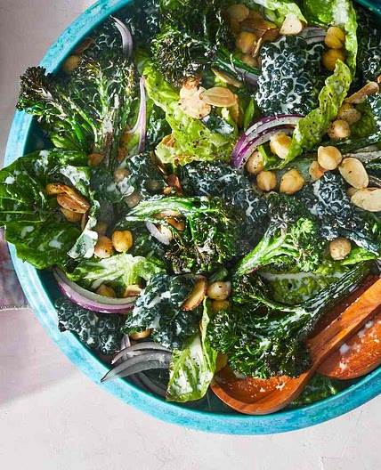 Charred Broccolini Caesar with Kale and Chickpeas