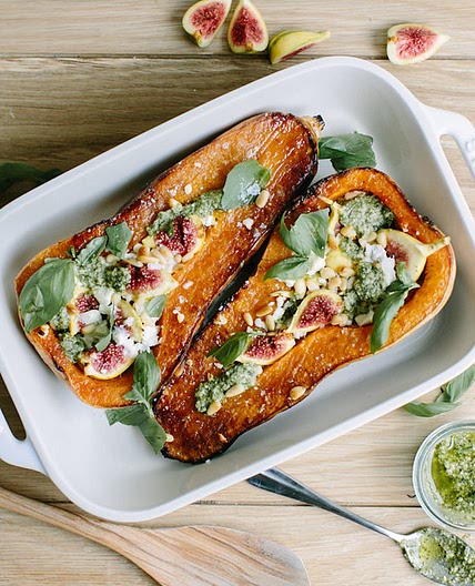 Roasted Butternut Squash Stuffed with Goat Cheese, Figs, and Pesto