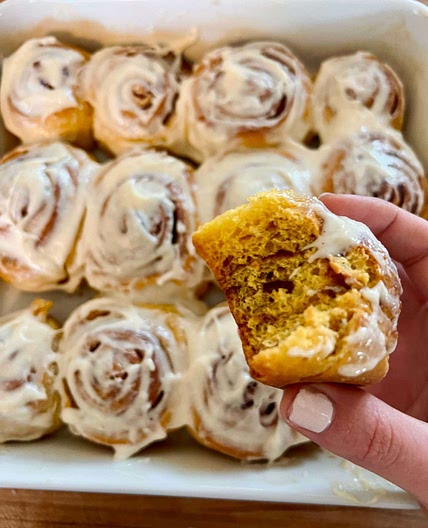 Pumpkin Cinnamon Rolls with Maple Espresso Cream Cheese Frosting