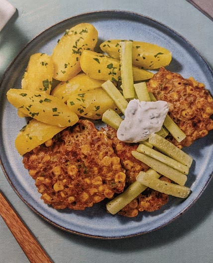 Cheesy corn fritters with citrus herb dip