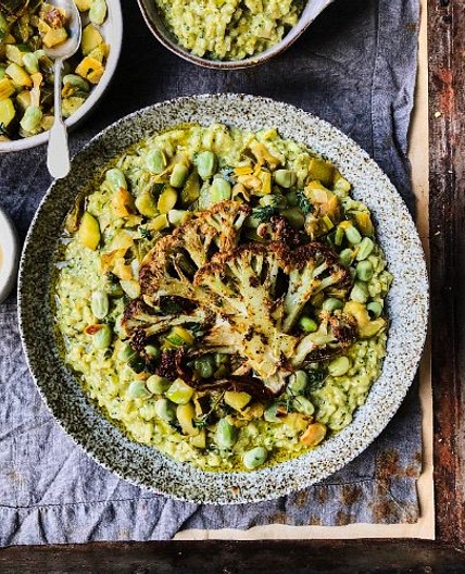 Pesto Risotto with Sautéed Greens and Za'atar Cauliflower Steaks