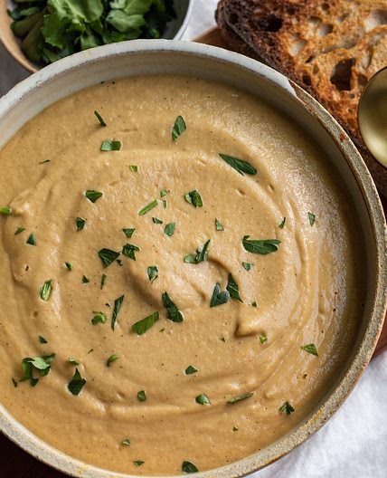 Vegan Garlic Soup with Cauliflower and Tahini