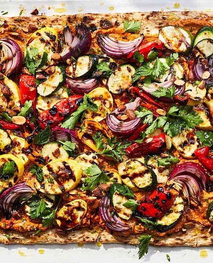 Grilled Vegetable Flatbread with Smoked Almond Muhammara