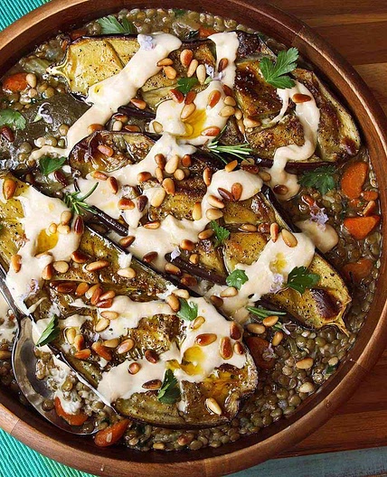 Roasted Eggplant With Tahini, Pine Nuts, and Lentils Recipe