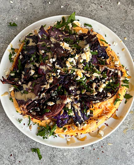Crispy Roasted Cabbage with Whipped Sweet Potato and Feta