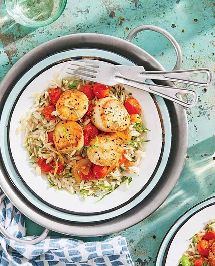 Seared Scallops with Fresh Tomato-Basil Sauce and Orzo Recipe
