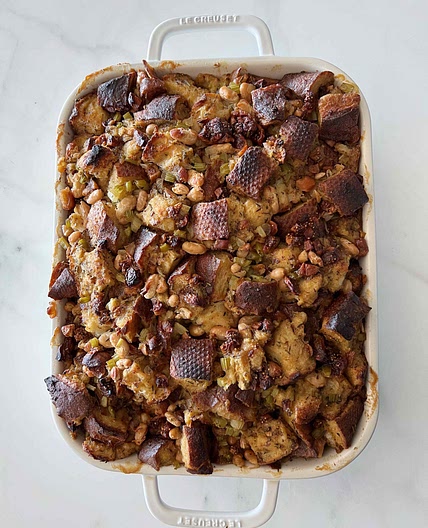 Vegan Sourdough Stuffing with Figs, Herbs and White Beans
