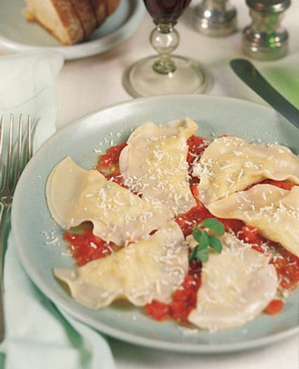 Scallion Ravioli in Fresh Tomato Sauce