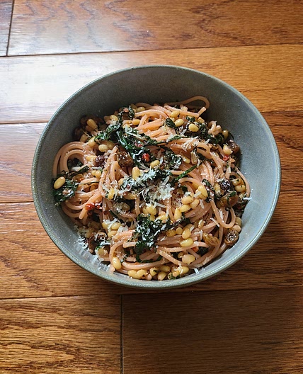 SPAGHETTI WITH SWISS CHARD, PINE NUTS, RAISINS, AND CHILES