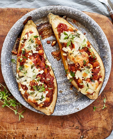 Chickpea & Mozzarella Baked Aubergines