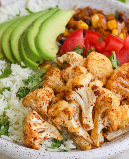 Roasted Cauliflower & Black Bean Burrito Bowl with Cilantro Lime Rice