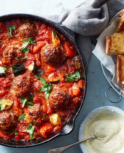 Tapas-Style Meatball Stew with Garlic Toast and Aioli