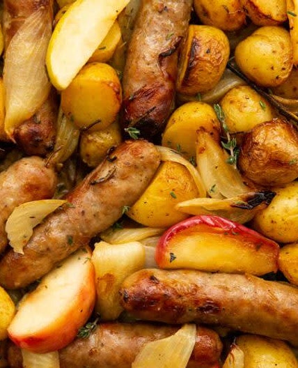 Sticky Honey Mustard Sausage Tray Bake