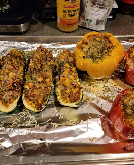 VEGETARIAN ZUCHINNI BOATS & STUFFED PEPPERS