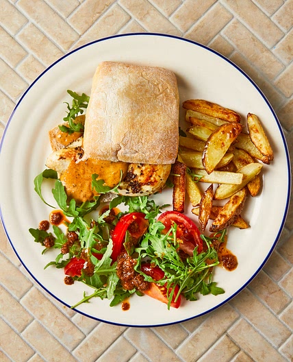Chicken & red pesto ciabatta with chips and rocket