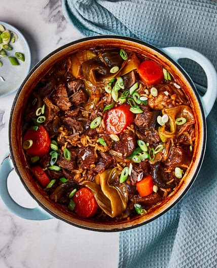 Oven baked spicy Korean style beef and leek stew