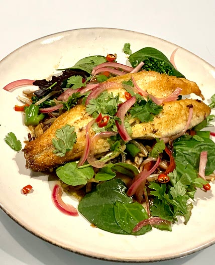 Pan Fried Seabass (Lemongrass and Chilli) with Stir Fried Vegetables