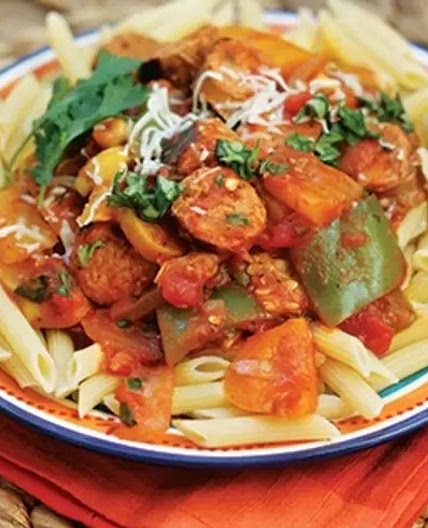 Grilled Sausage with Rustic Vegetables and Pasta