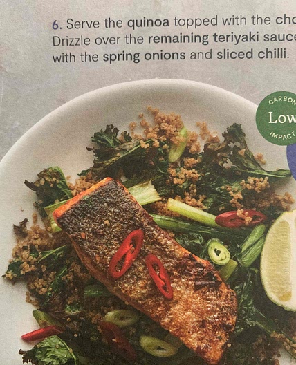 Teriyaki salmon, crispy kale and Choi sum: 605kcal 41g protein