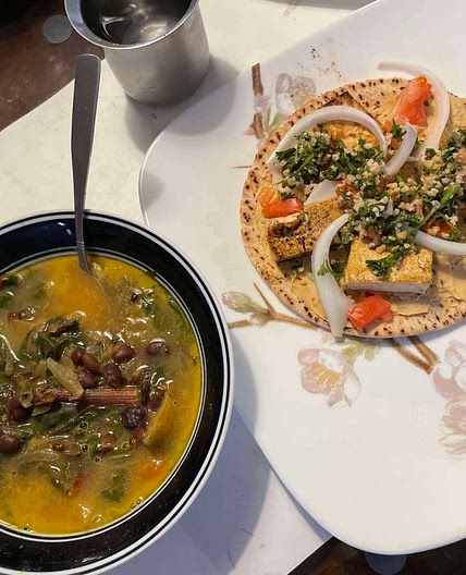Swiss chard black bean soup + pita wrap 