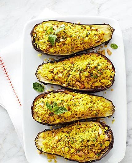 Bulgur and Cashew Stuffed Eggplant
