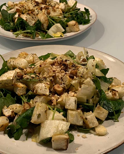 Roast Celeriac and Chicory Salad With Lentils and Mustard Dressing