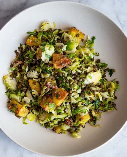 Warm Brussels Sprout Salad with Lentils