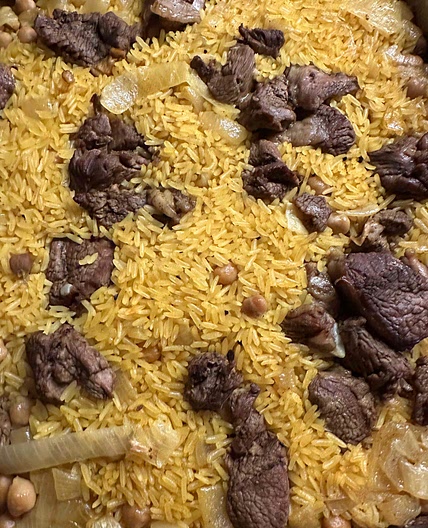 Lamb, garlic, chickpea pilaf