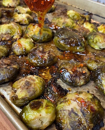Smashed Brussels Sprouts with Hot Honey