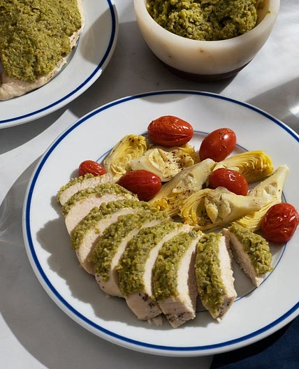 Green Olive Tapenade Chicken with Roast Vegetables