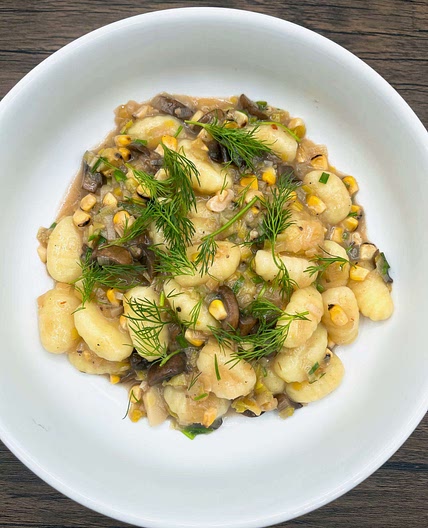 Gnocchi with Leek, Mushroom and Corn