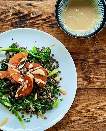 Miso roast squash with  warm lentil salad.