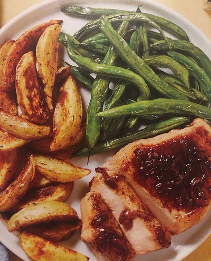 Cherry Balsamic Pork Chops with Green beans & Roasted Potatoes