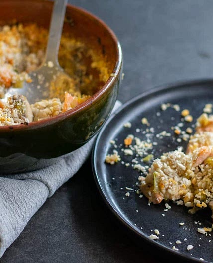 Leek, mushroom and smoked salmon bake