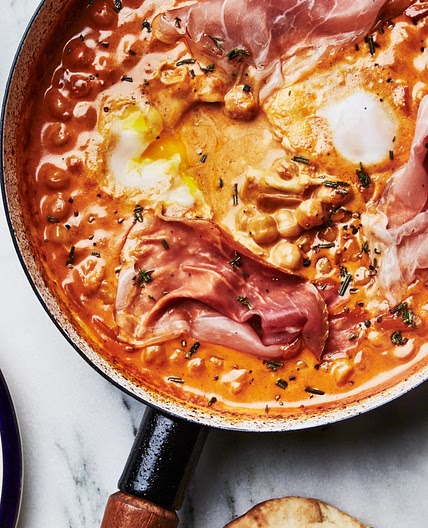 One-Skillet Creamy Chickpeas With Eggs and Prosciutto