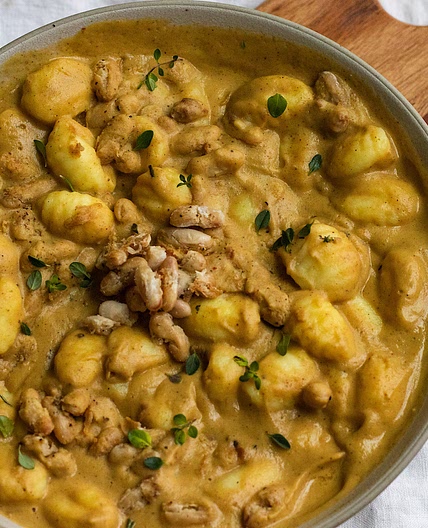 Creamy Acorn Squash Gnocchi Pasta with Crispy White beans