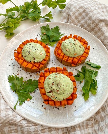 Hasselback Sweet Potatoes with Parsley Pesto