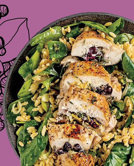 Saskatoon Berry And Brie Stuffed Chicken Breast Over Orzo Spinach Salad