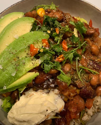 Mixed Bean Chilli with Avocado and Cauliflower Rice