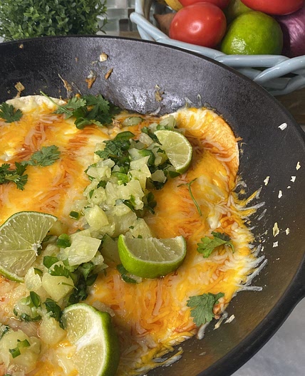 Red Chicken Enchilada Skillet W/ Homemade Pinapple Jalapeño Sasa