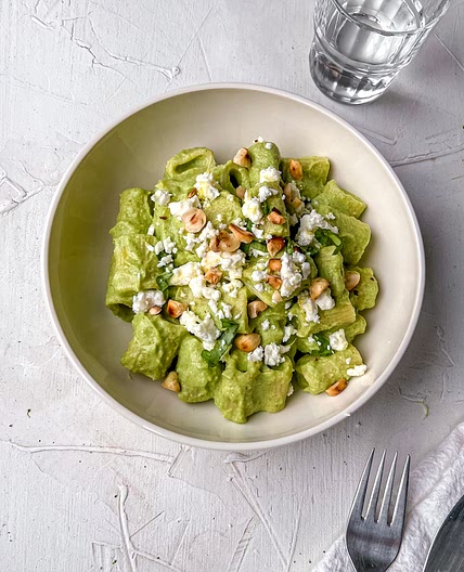 Feta Broccoli Rigatoni with Roasted Hazelnuts