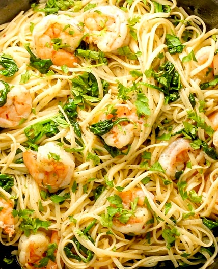 Shrimp Pasta with Spicy Lemon Garlic Sauce.
