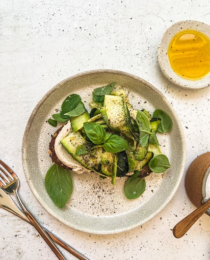 Ribboned Zucchini Toast with Flaxseed and Capers