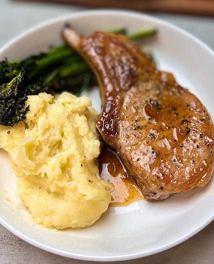 5 ingredient Ginger glazed pork chops w mashed potatoes and baby