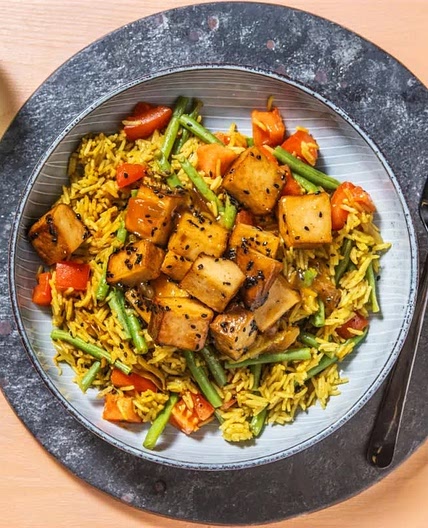 Mango chutney glazed tofu with pilaf rice
