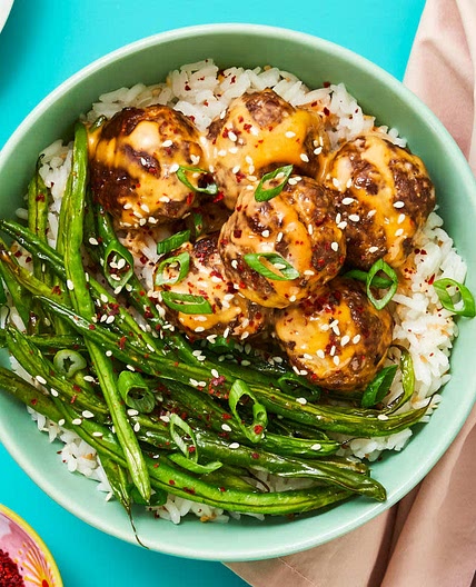 Firecracker Meatballs with Roasted Green Beans and Jasmine Rice