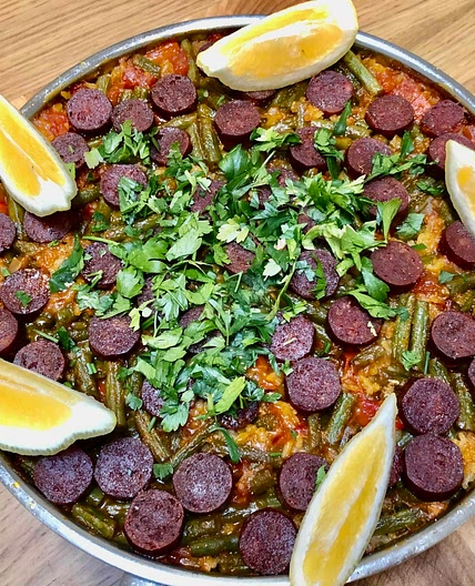 55. Green Bean and “Chorizo” Paella